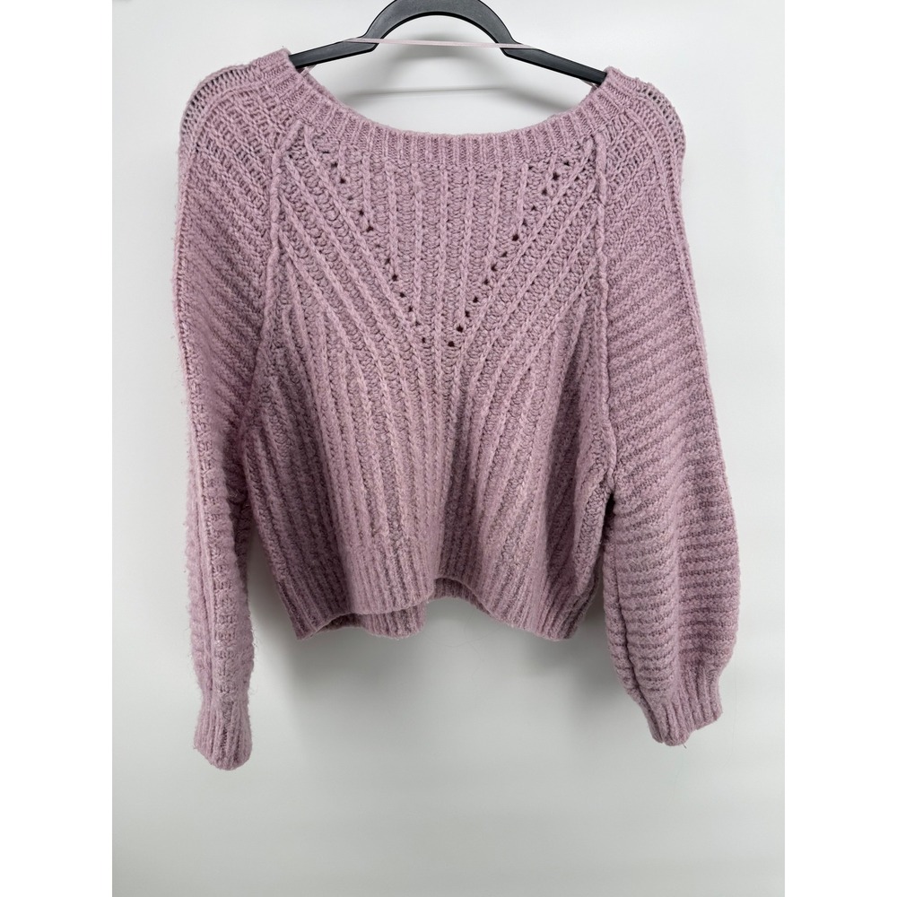 Free People Womens Pink Mauve Ribbed Knit Cropped Balloon Sleeve Sweater Small